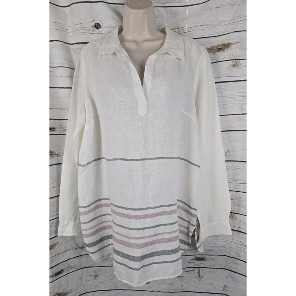 Tahari 100% Linen Off White Stripe Tunic Top L Popover Lagenlook Coastal